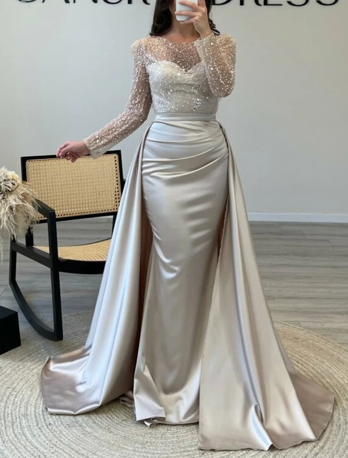 Mermaid Illusion Satin Long Sleeve Floor-Length Evening Gown - Chloe Dress