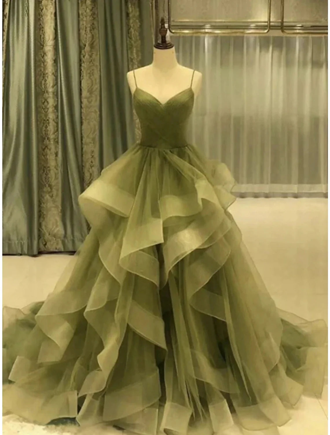 Green A-Line Spaghetti Strap Tulle Sleeveless Ruffled Prom Dress - Chloe Dress