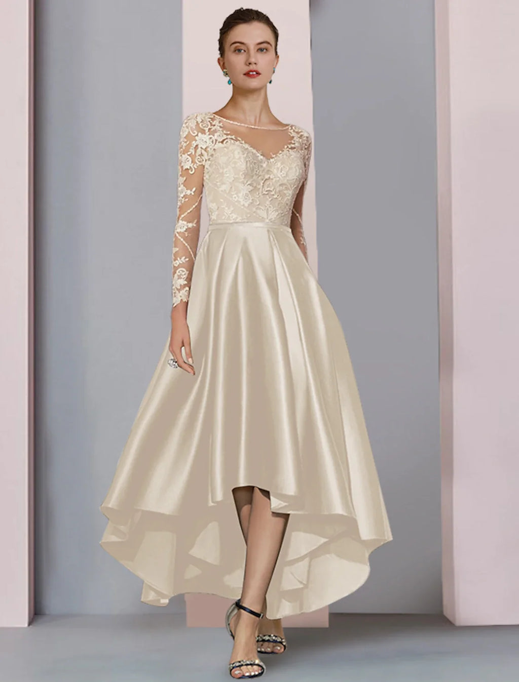 A-Line High Neck Satin Long Sleeve Pleated Tea-Length Wedding Dress - Chloe Dress