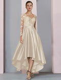 A-Line High Neck Satin Long Sleeve Pleated Tea-Length Wedding Dress - Chloe Dress