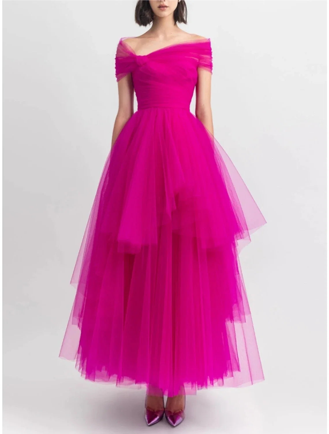 A-Line Off-Shoulder Tulle Short Sleeve Pleated Mini Evening Gown - Chloe Dress