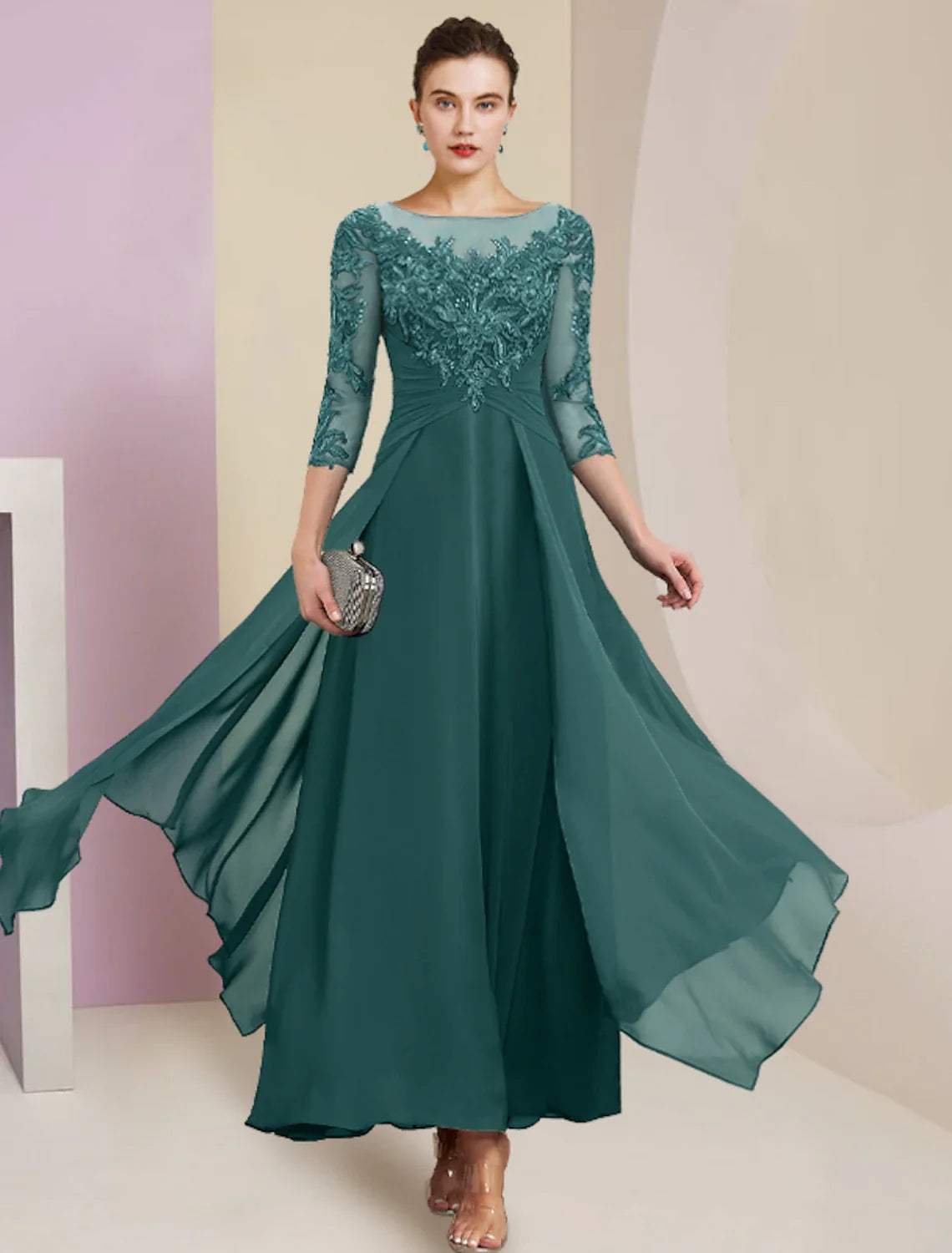 Sheath Chiffon Three-Quarter Sleeve Pleated Ankle-Length Wedding Dress - Chloe Dress