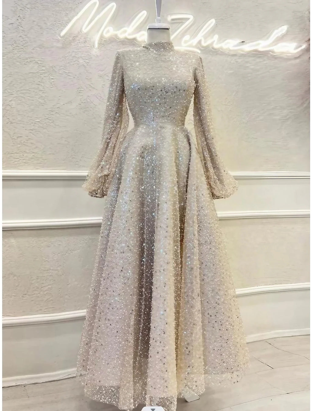 A-Line High Neck Sequin Long Sleeve Pleated Ankle-Length Evening Gown - Chloe Dress