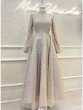 A-Line High Neck Sequin Long Sleeve Pleated Ankle-Length Evening Gown - Chloe Dress