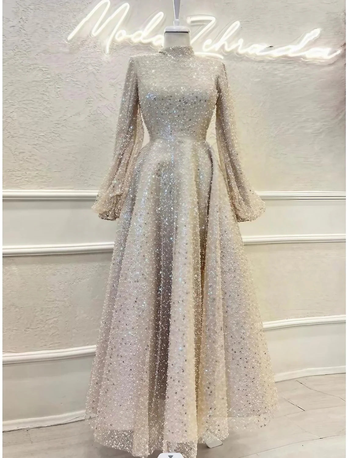 A-Line High Neck Sequin Long Sleeve Pleated Ankle-Length Evening Gown - Chloe Dress