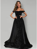 Black Mermaid Off-Shoulder Tulle Sleeveless Train Evening Gown - Chloe Dress