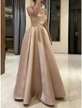 A-Line Sweetheart Satin Long Sleeve Pleated Floor-Length Evening Gown - Chloe Dress