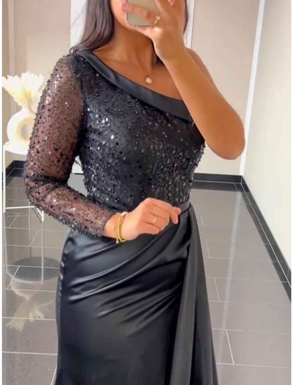 Black A-Line One-Shoulder Satin Long Sleeve Pleated Evening Gown - Chloe Dress