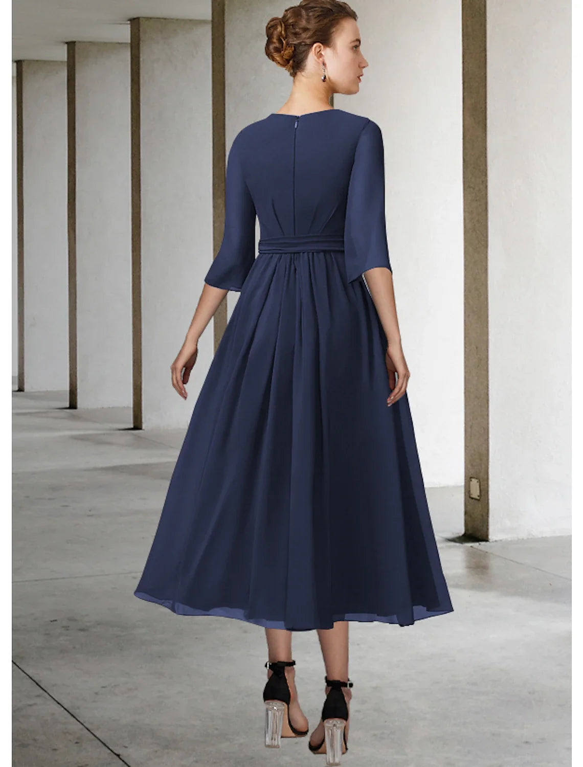 Sheath Chiffon Pleated Tea-Length Dress - Chloe Dress