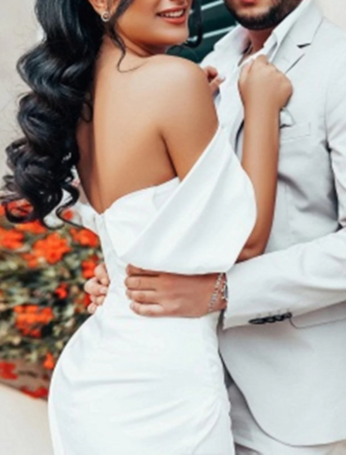 Sheath Off-Shoulder Satin Cap Sleeve Train Wedding Gown - Chloe Dress