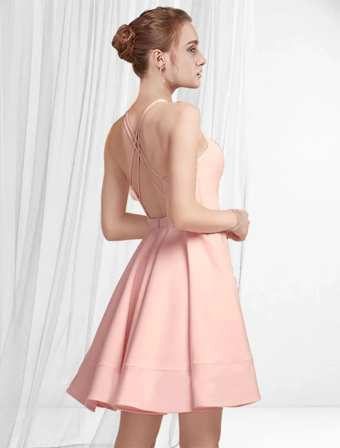 Pink A-Line Spaghetti Strap Satin Sleeveless Pleated Mini Cocktail Dress - Chloe Dress
