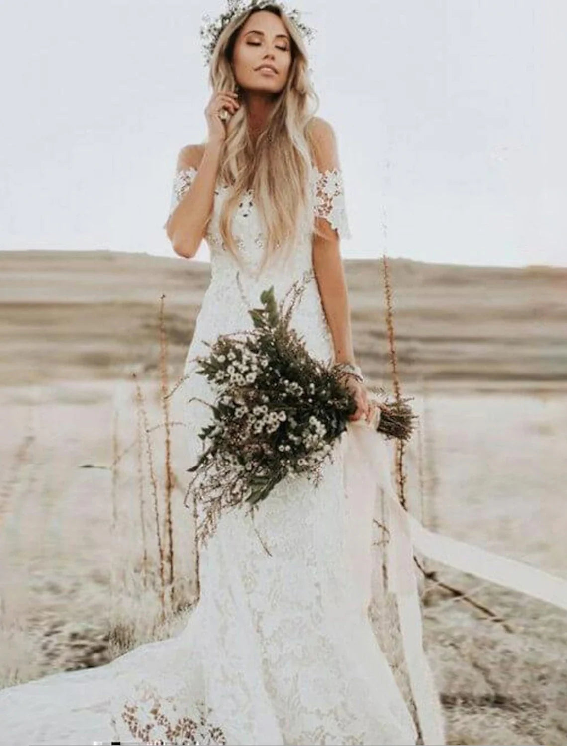 Mermaid Off-Shoulder Lace Cap Sleeve Train Wedding Gown - Chloe Dress