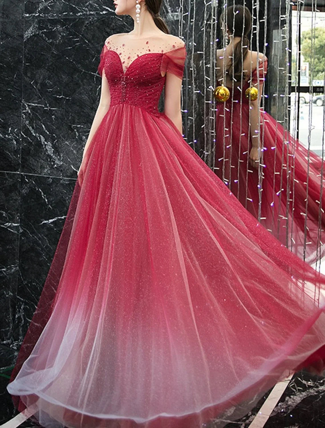 Sheath Tulle Short Sleeve Pleated Floor-Length Evening Dress - Chloe Dress