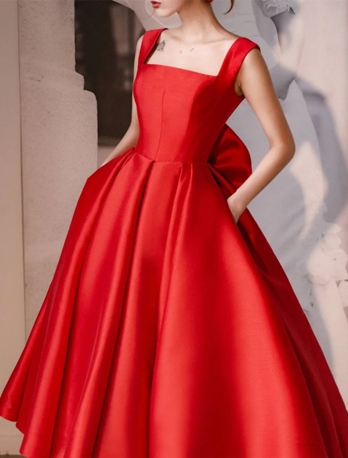 A-Line Off-Shoulder Satin Cap Sleeve Pleated Tea-Length Wedding Gown - Chloe Dress