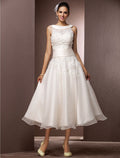 A-Line Illusion Lace Sleeveless Tea-Length Wedding Gown - Chloe Dress