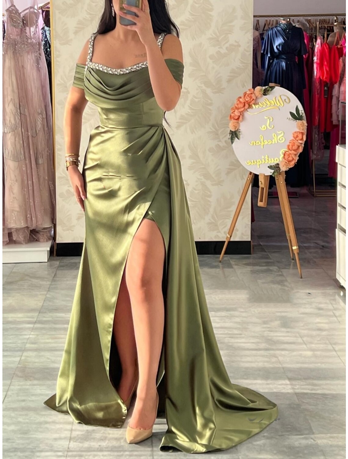 Green A-Line Square Neck Satin Pleated Mini Evening Gown - Chloe Dress