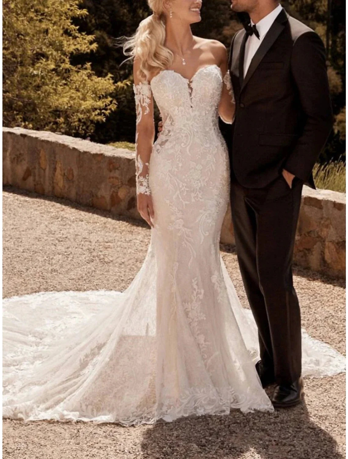 Mermaid Sweetheart Lace Long Sleeve Pleated Wedding Gown - Chloe Dress