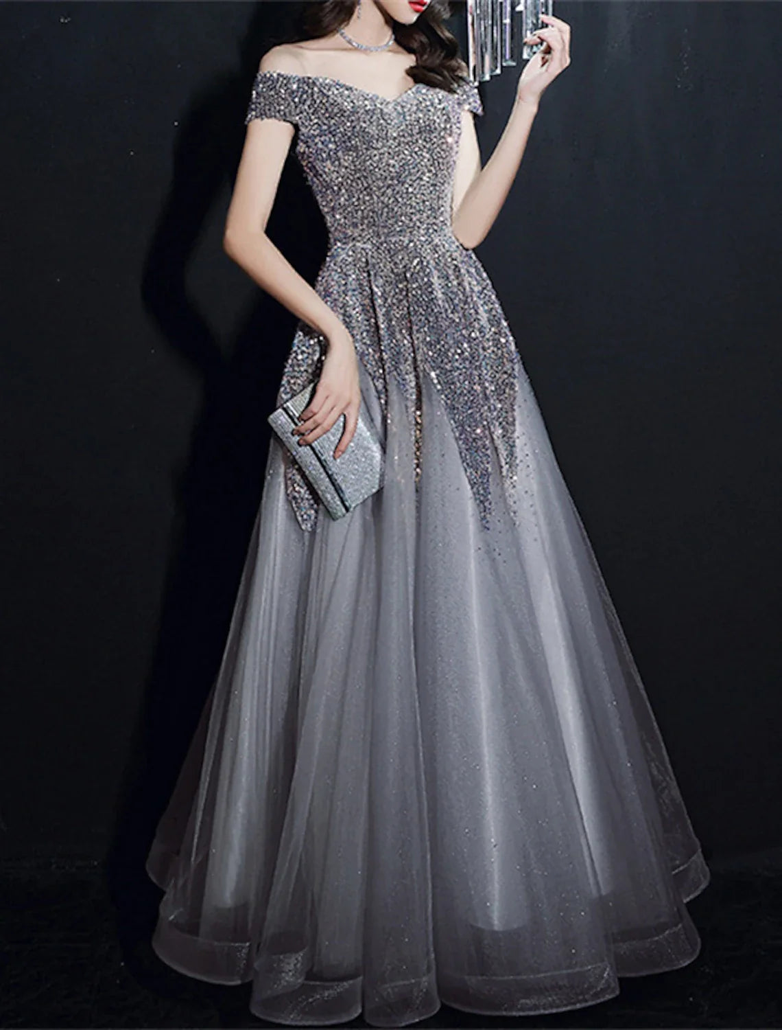 A-Line Off-Shoulder Sequin Short Sleeve Floor-Length Prom Dress - Chloe Dress