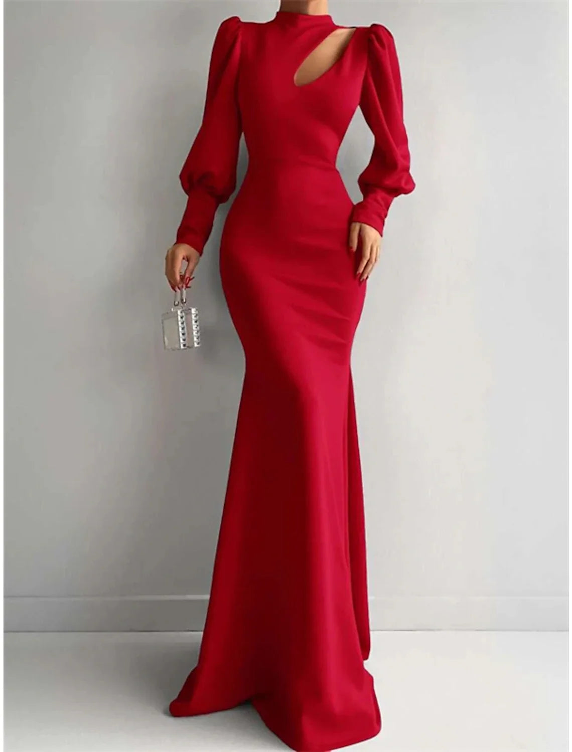 Green Mermaid High Neck Satin Long Sleeve Train Evening Gown - Chloe Dress