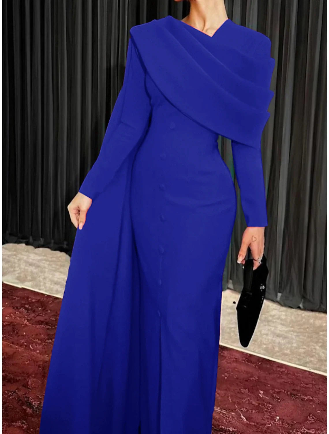 Black Sheath Cowl Neck Long Sleeve Button Back High Slit Evening Gown - Chloe Dress