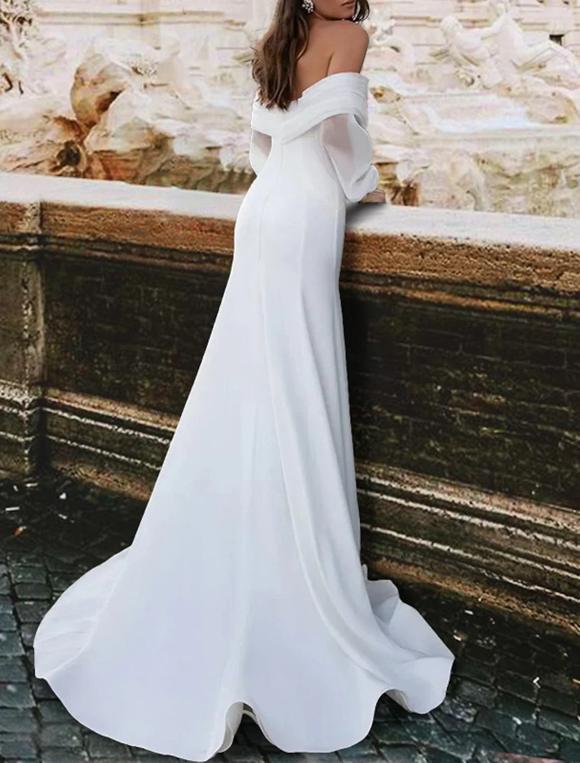 Mermaid Off-Shoulder Satin Long Sleeve Train Wedding Gown - Chloe Dress