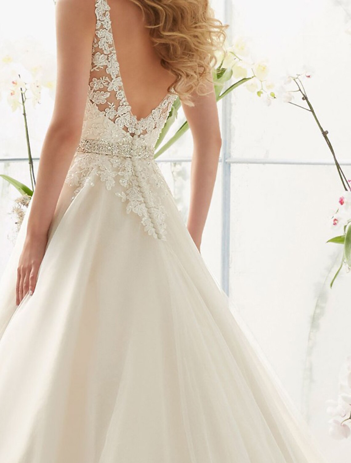 A-Line V-Neck Lace Sleeveless Open Back Train Wedding Gown - Chloe Dress