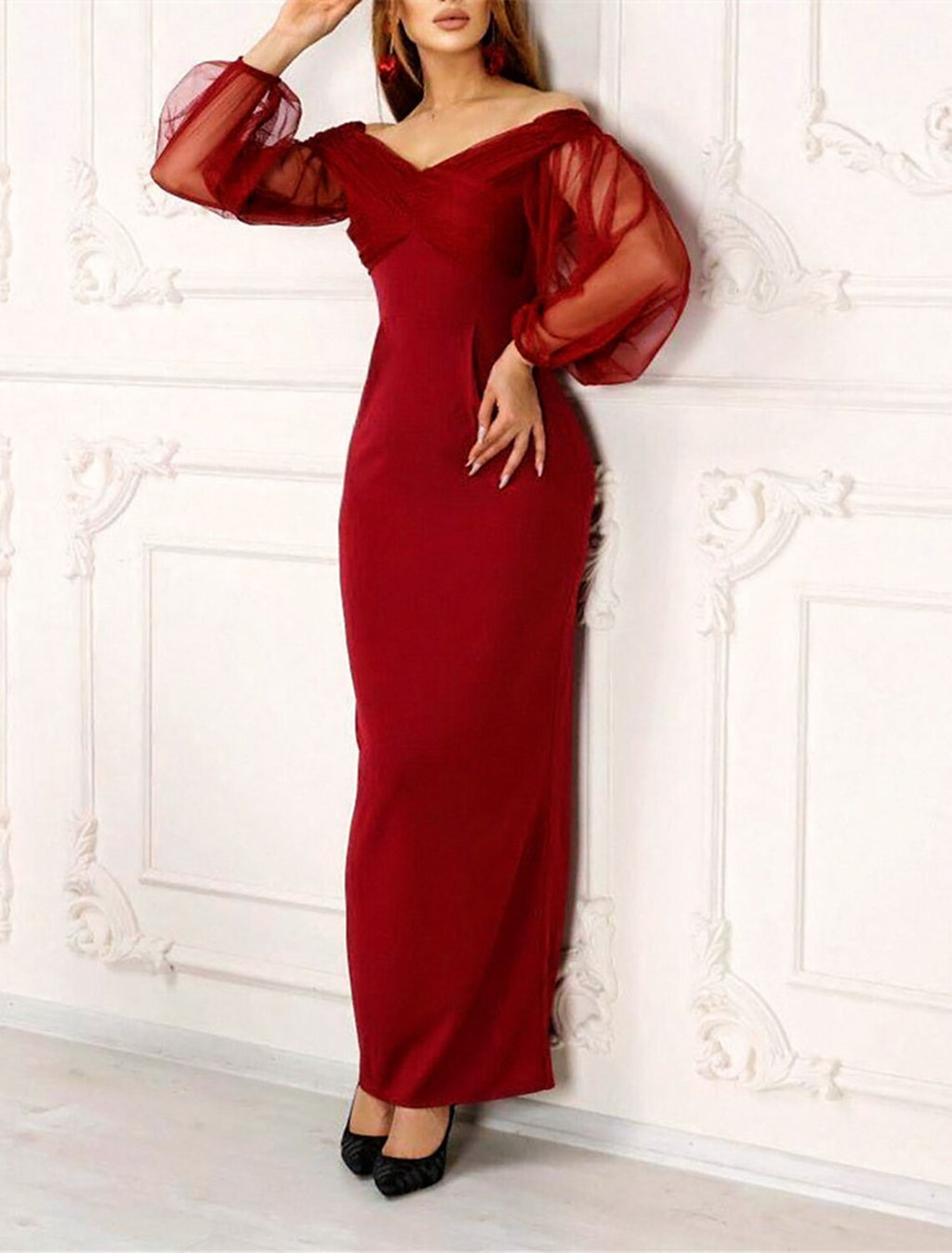 Black Mermaid Off-Shoulder Long Sleeve Floor-Length Evening Gown - Chloe Dress