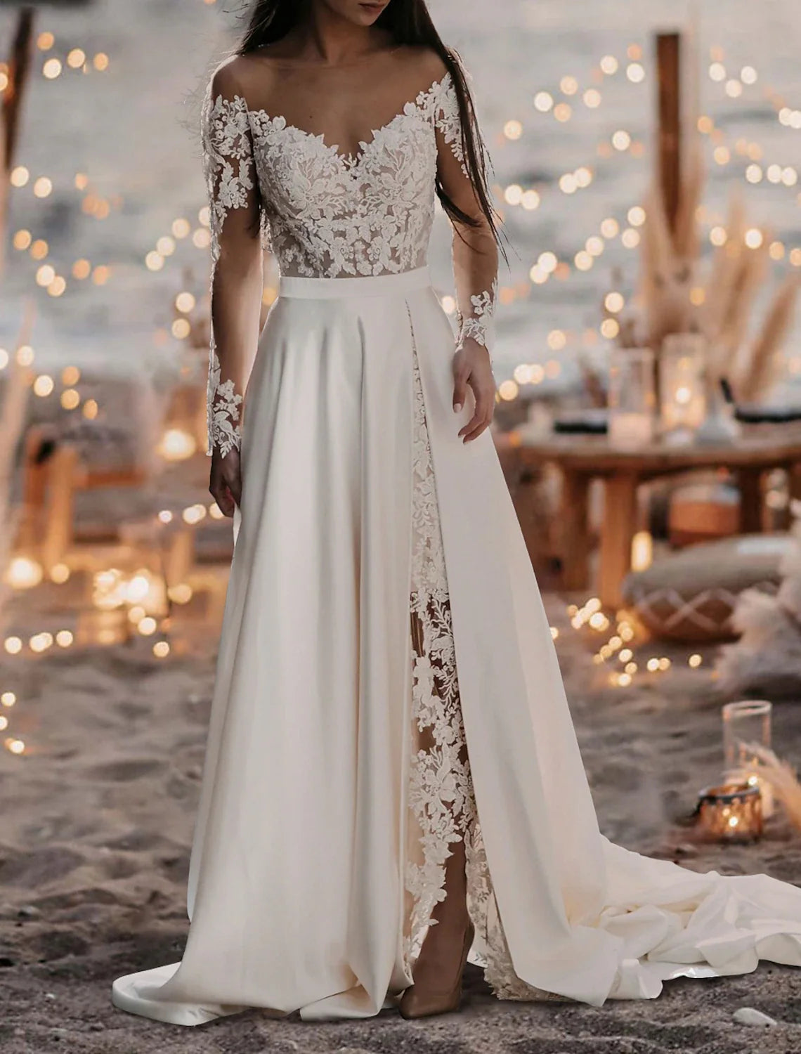 A-Line Off-Shoulder Satin Long Sleeve Pleated Wedding Gown - Chloe Dress