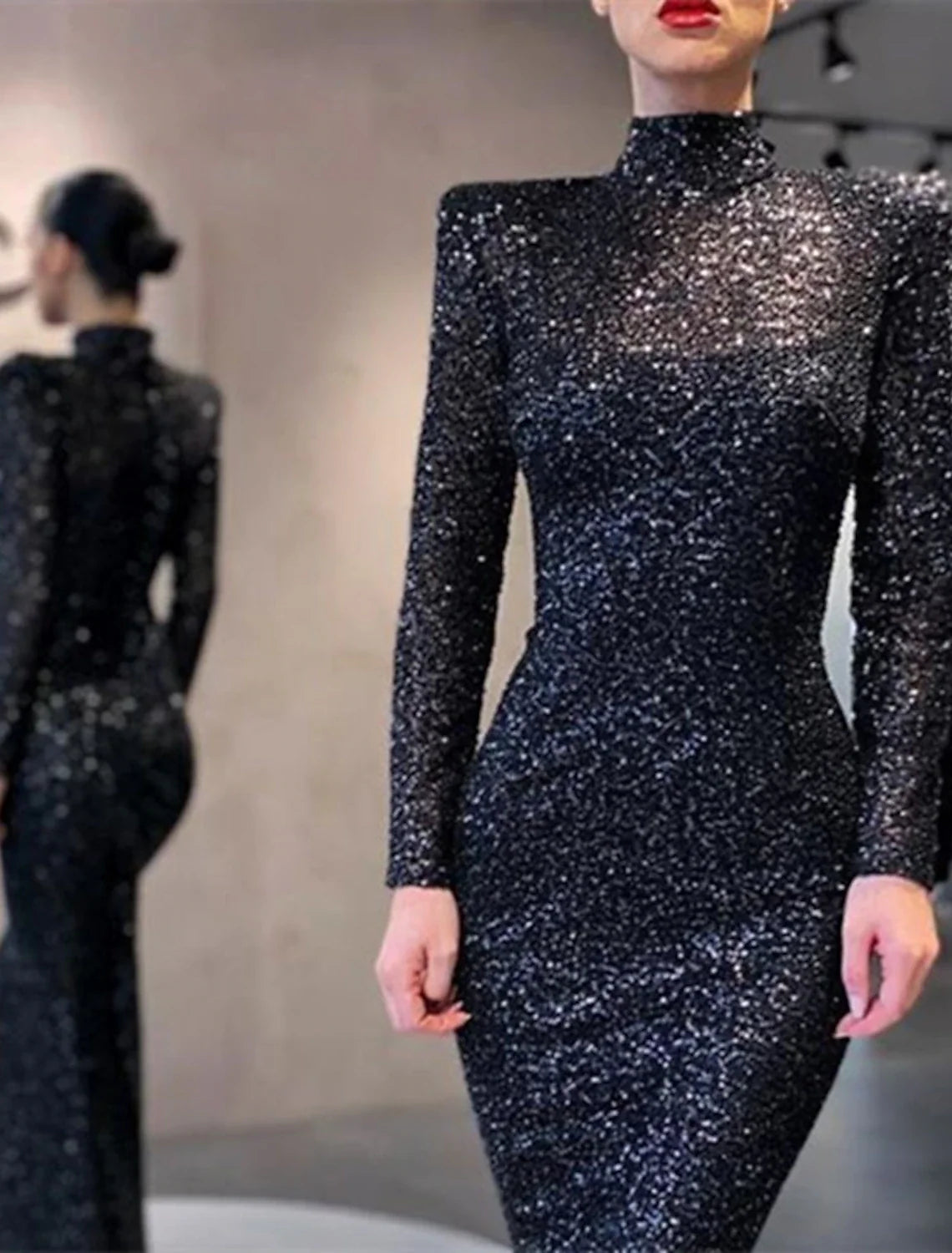 Black Mermaid High Neck Sequin Long Sleeve Floor-Length Evening Gown - Chloe Dress