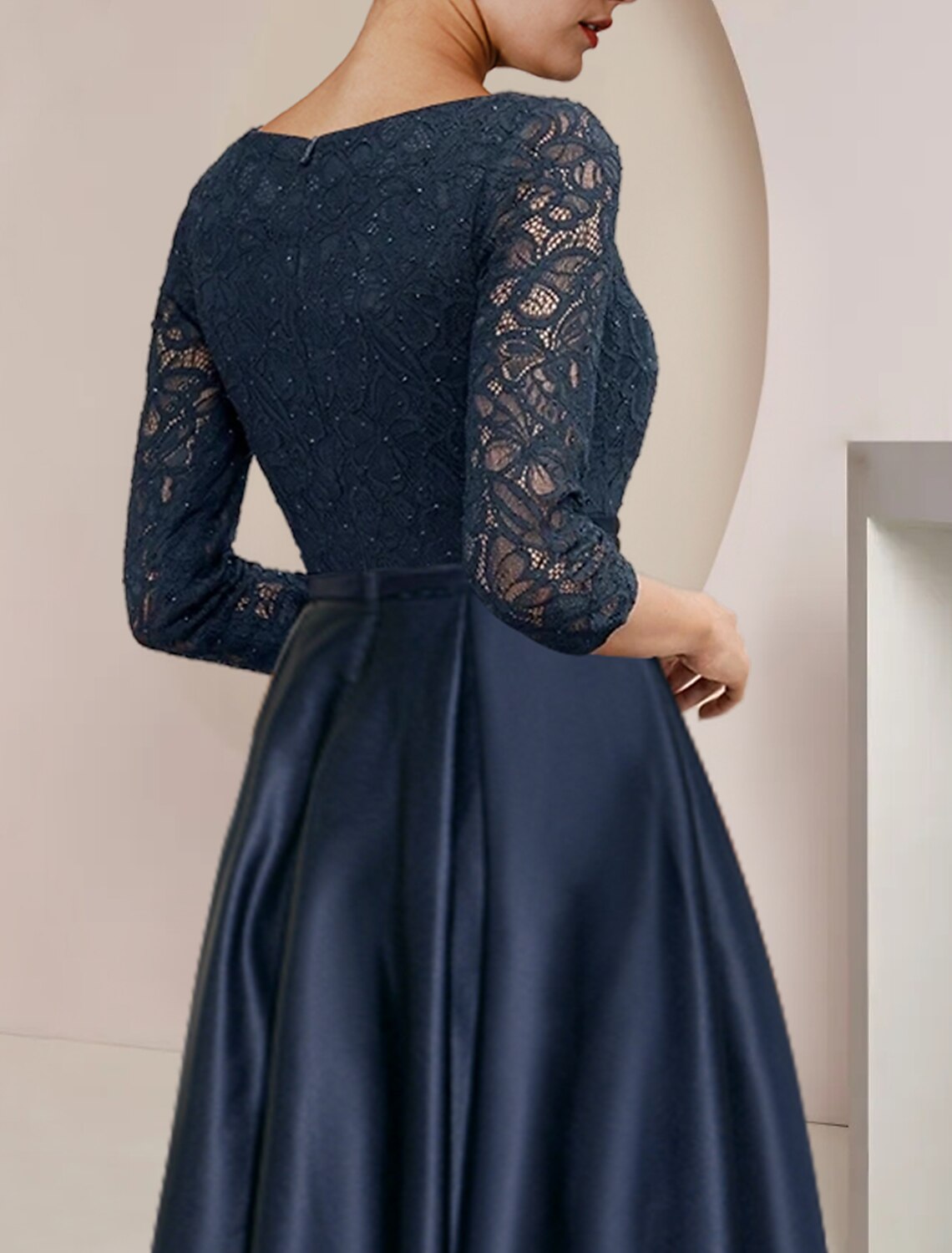 A-Line High Neck Satin Three-Quarter Sleeve Pleated Tea-Length Wedding Dress - Chloe Dress
