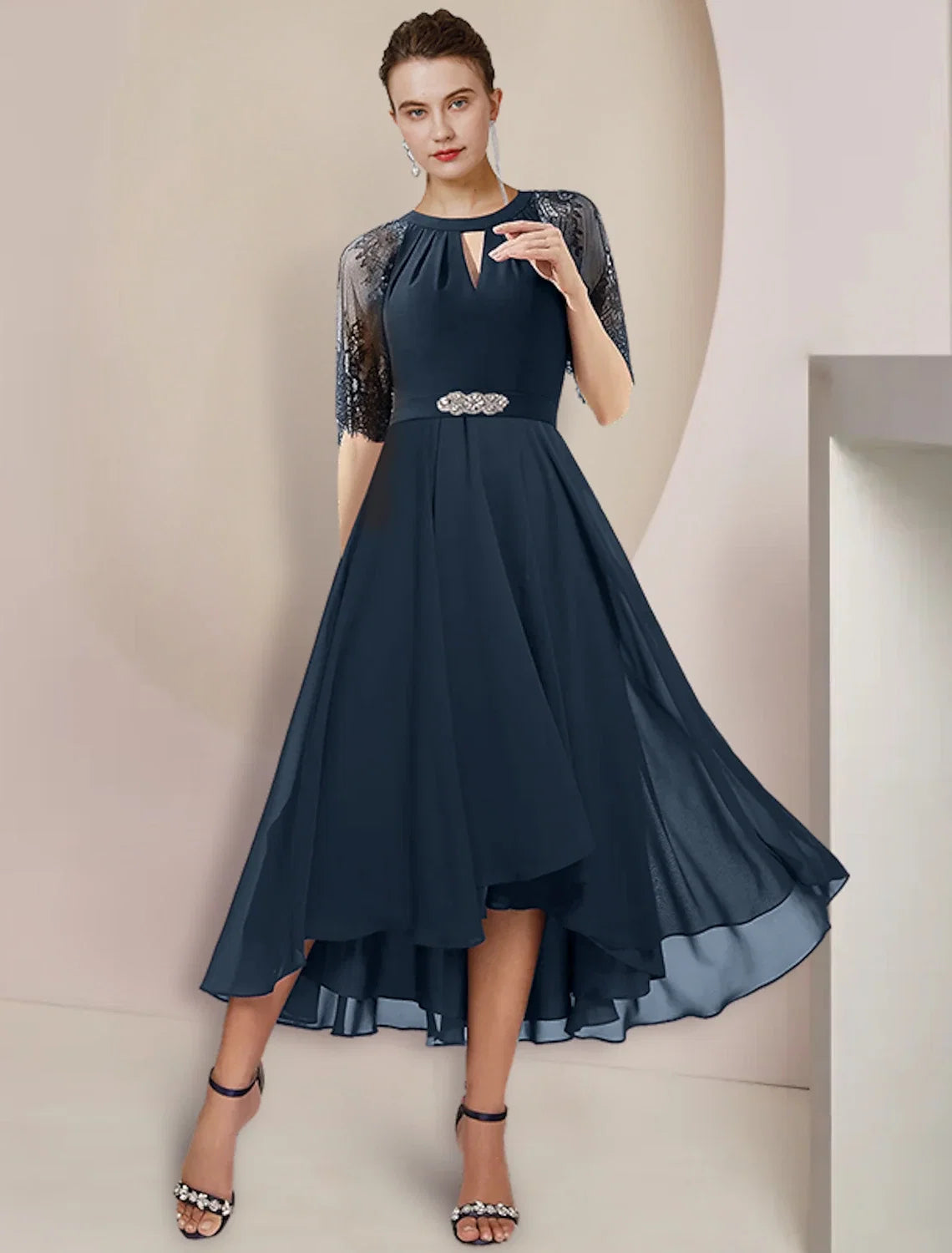 A-Line High Neck Chiffon Three-Quarter Sleeve Pleated Tea-Length Wedding Dress - Chloe Dress