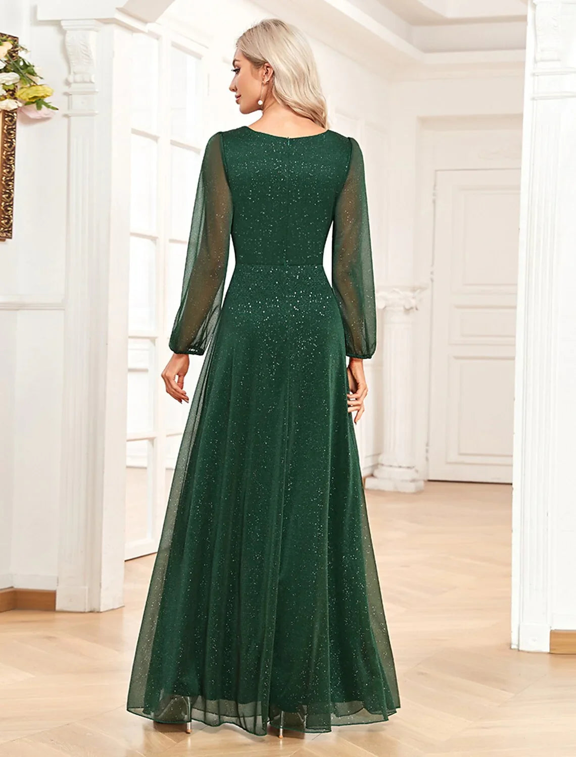 A-Line V-Neck Chiffon Long Sleeve Floor-Length Evening Gown - Chloe Dress