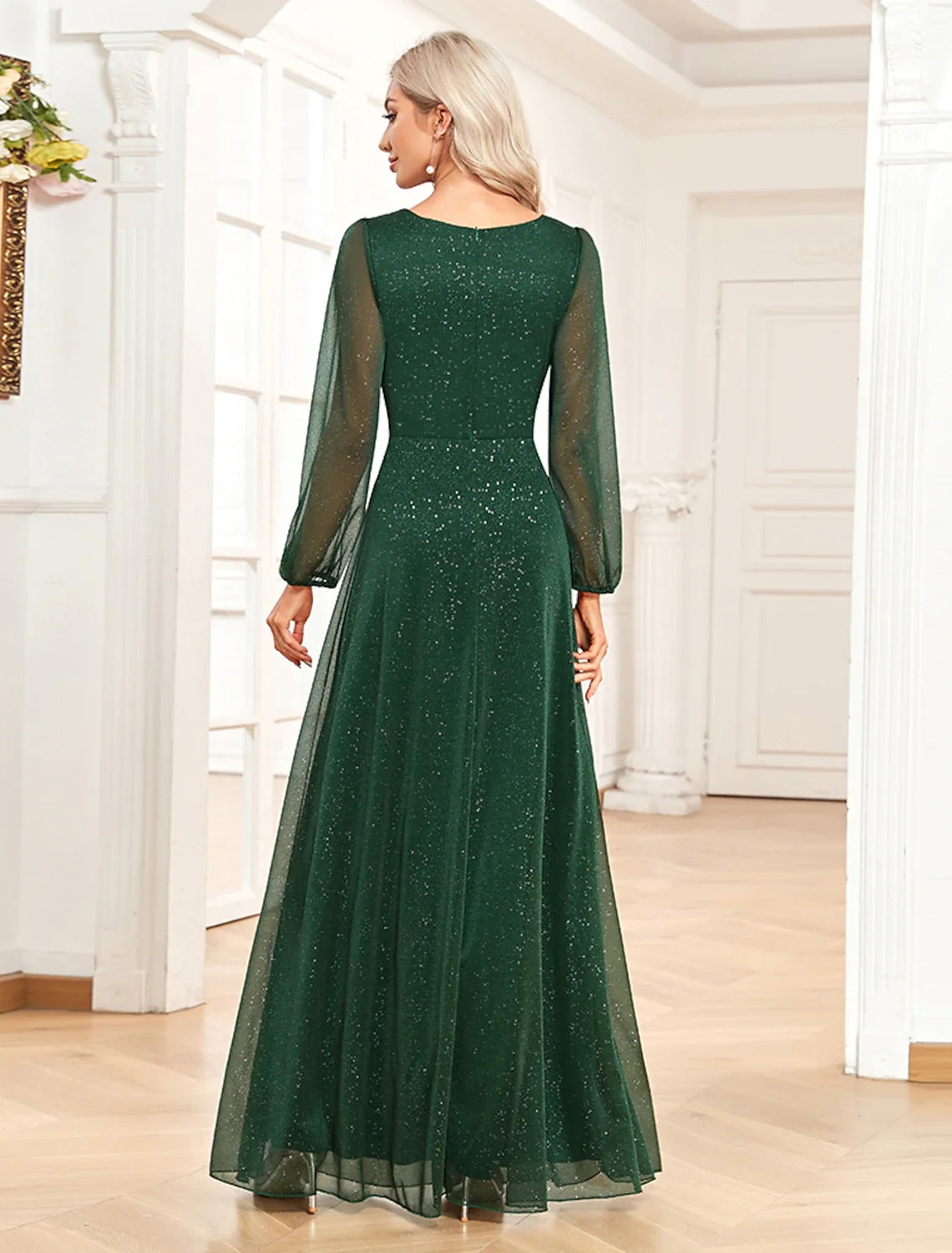 A-Line V-Neck Chiffon Long Sleeve Floor-Length Evening Gown - Chloe Dress