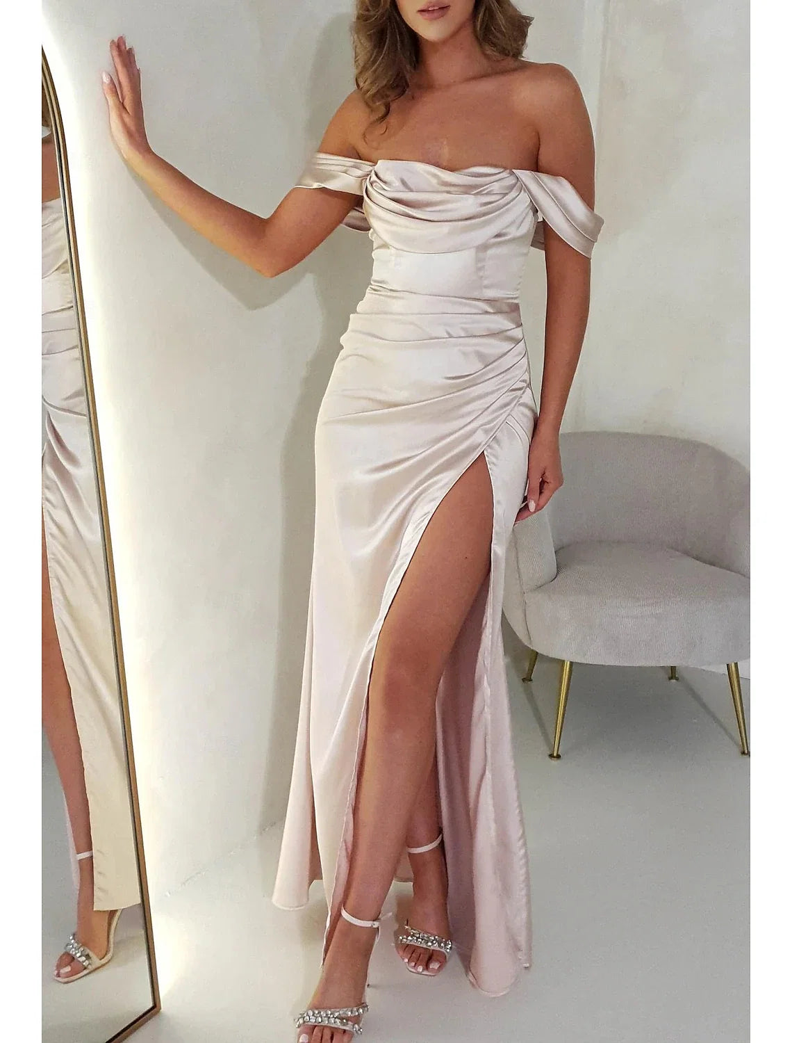 A-Line Off-Shoulder Satin Sleeveless Floor-Length Prom Dress - Chloe Dress