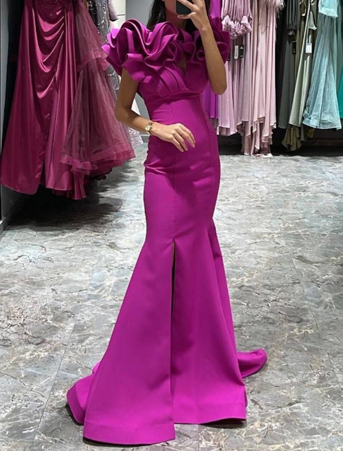 Mermaid V-Neck Satin Sleeveless High Slit Evening Gown - Chloe Dress