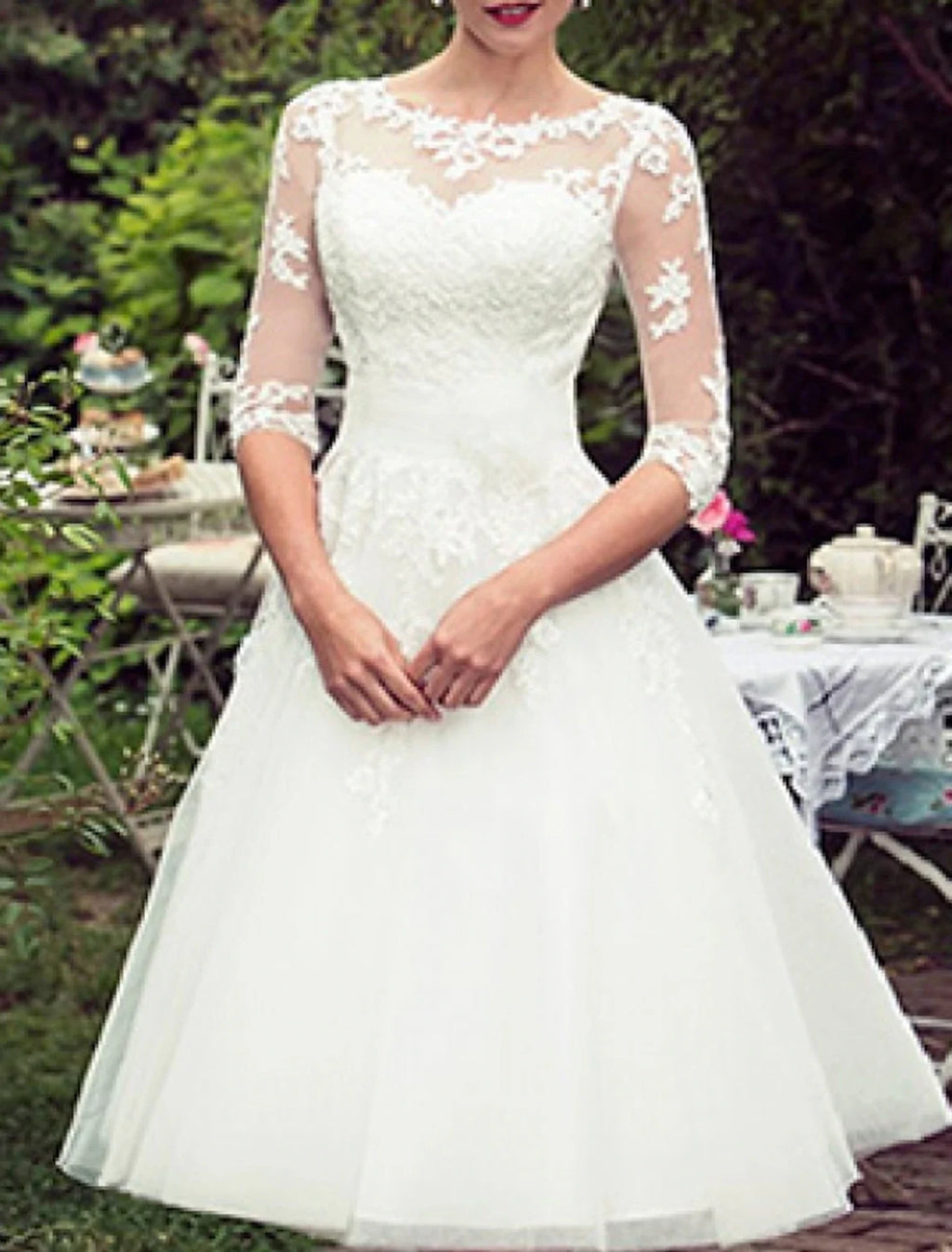 White A-Line Illusion Lace Applique Tea-Length Wedding Gown - Chloe Dress