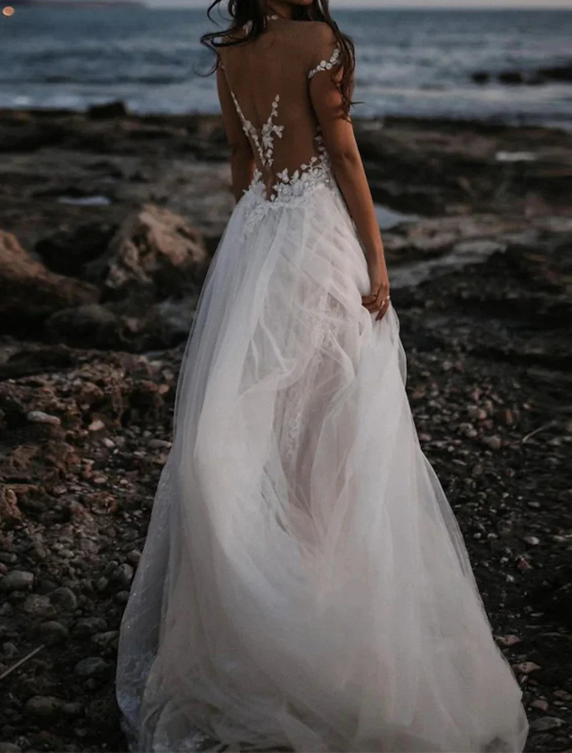 A-Line Off-Shoulder Lace Cap Sleeve Open Back Train Wedding Gown - Chloe Dress