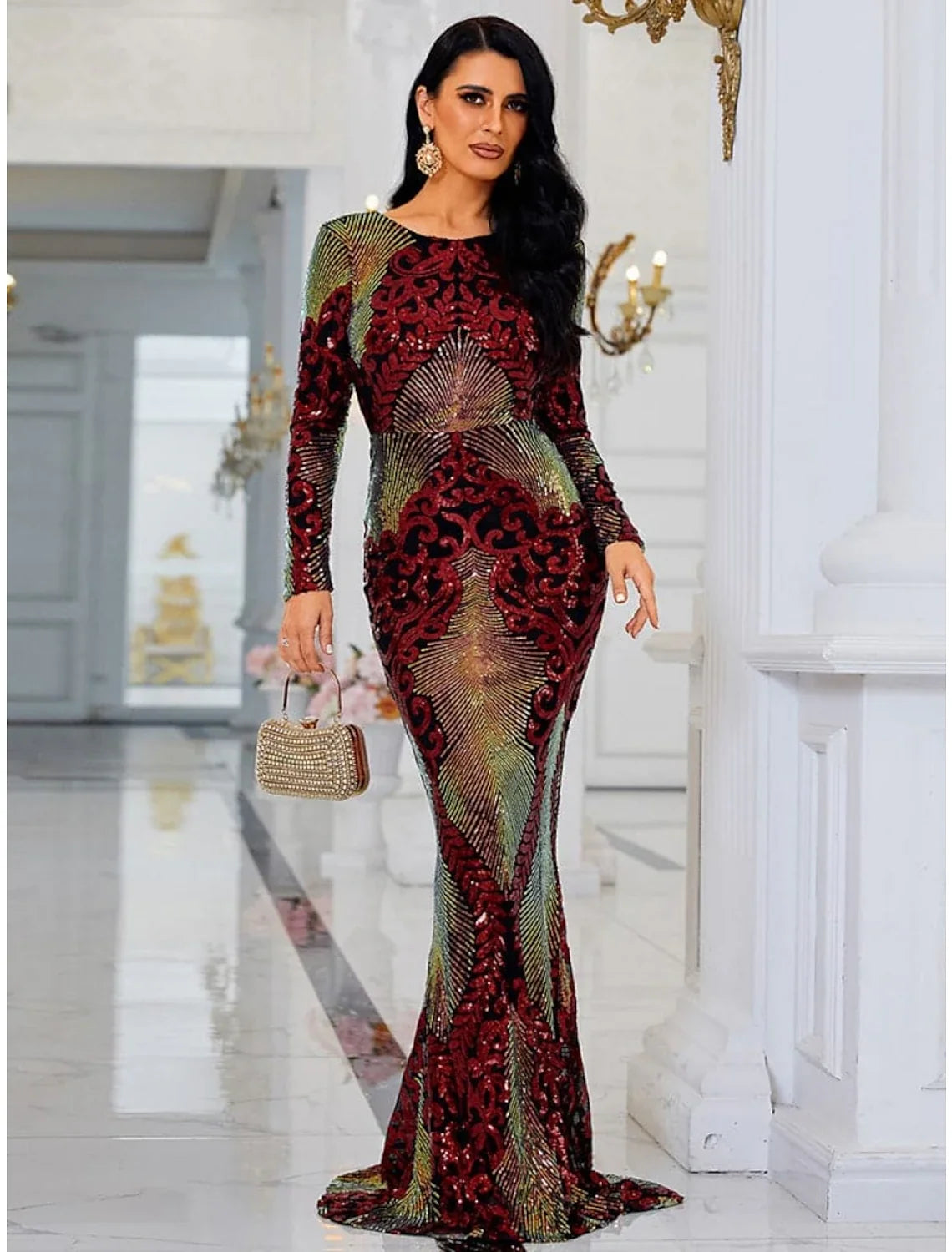 Mermaid Sequin Long Sleeve Pleated Evening Gown - Chloe Dress