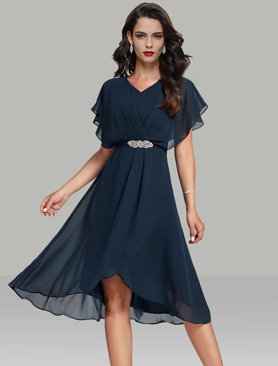 A-Line V-Neck Chiffon Short Sleeve Mini Wedding Dress - Chloe Dress