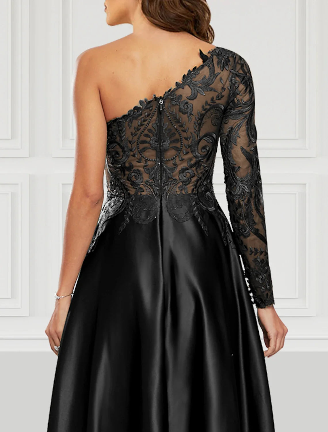 Black A-Line One-Shoulder Satin Long Sleeve High Slit Floor-Length Prom Dress - Chloe Dress