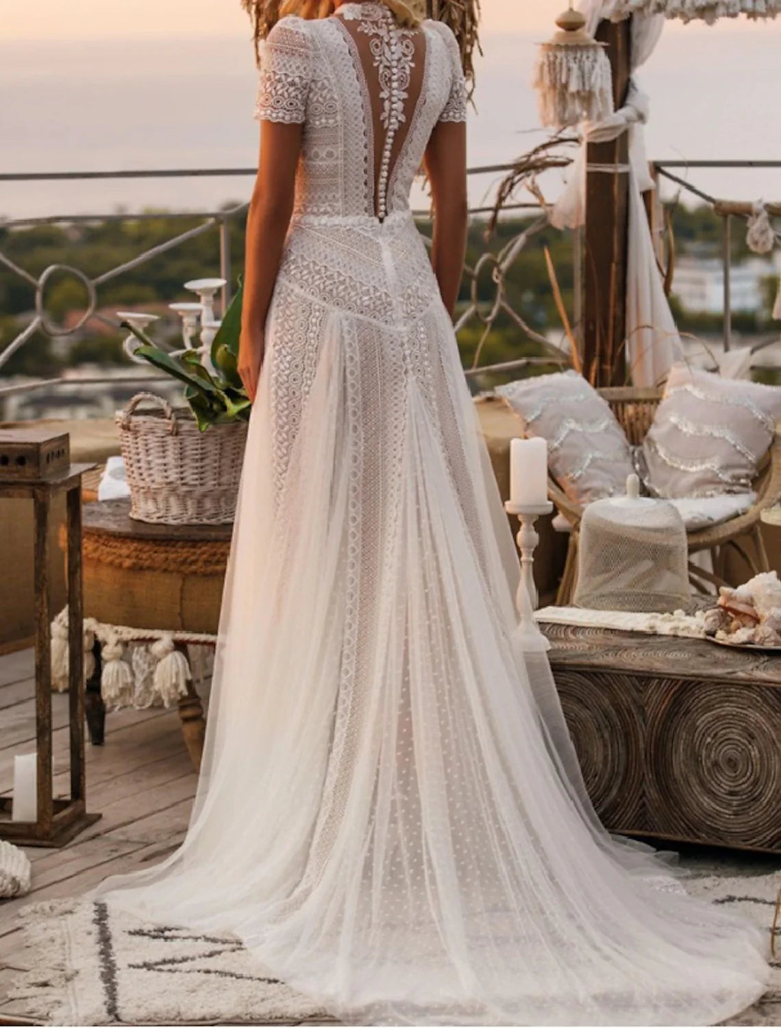 A-Line Illusion Lace Short Sleeve Train Mini Wedding Gown - Chloe Dress