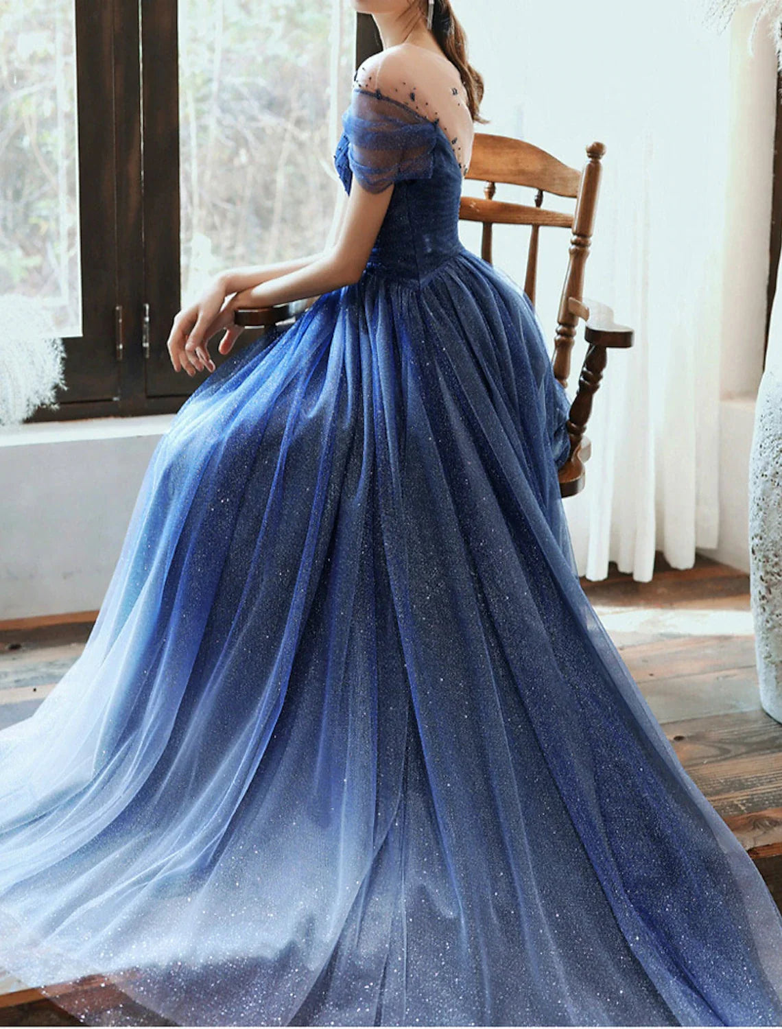 Sheath Tulle Short Sleeve Pleated Floor-Length Evening Dress - Chloe Dress