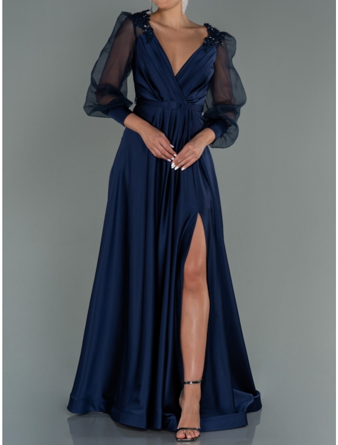 A-Line V-Neck Satin Long Sleeve High Slit Floor-Length Evening Gown - Chloe Dress