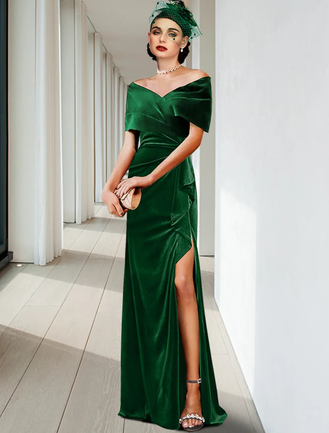 Sheath V-Neck Velvet Sleeveless Ruffled Floor-Length Evening Gown - Chloe Dress