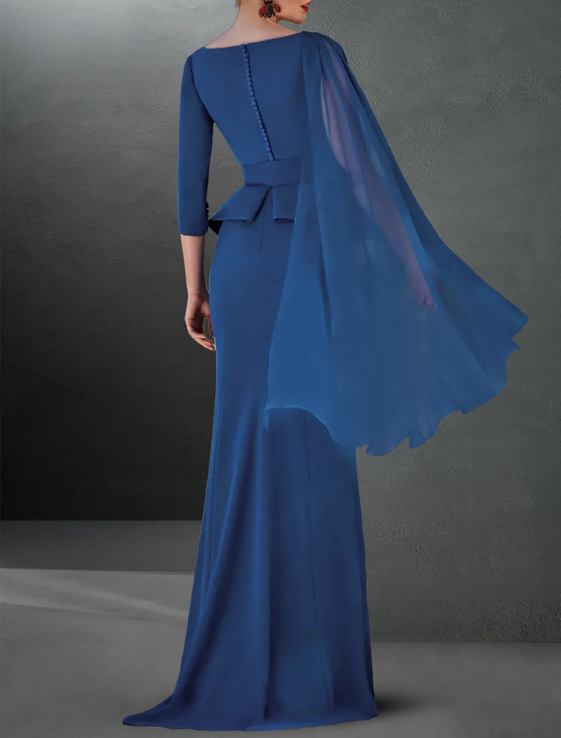 Mermaid V-Neck Chiffon Three-Quarter Sleeve Button Back Train Evening Gown - Chloe Dress
