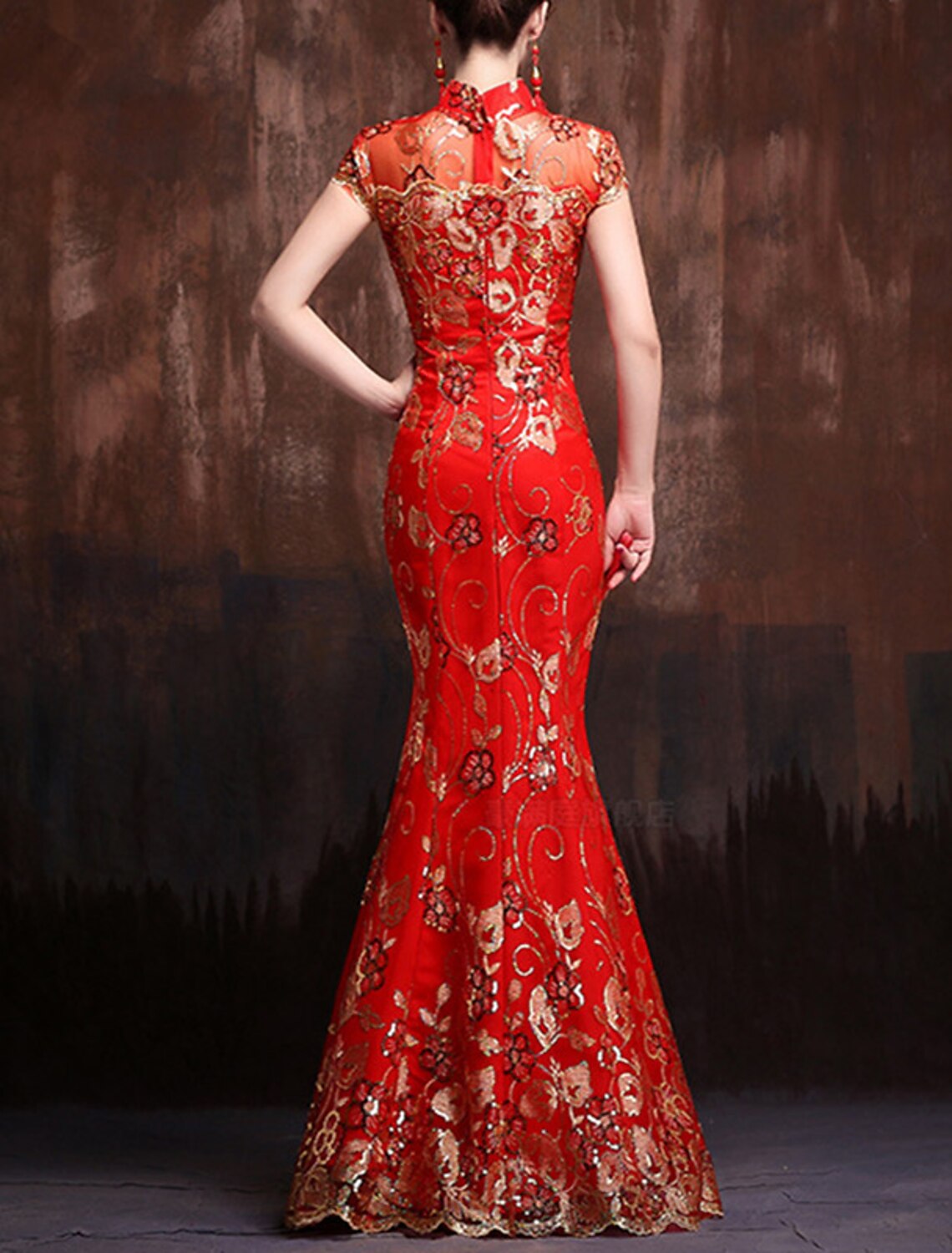 Mermaid High Neck Satin Short Sleeve Floor-Length Evening Gown - Chloe Dress