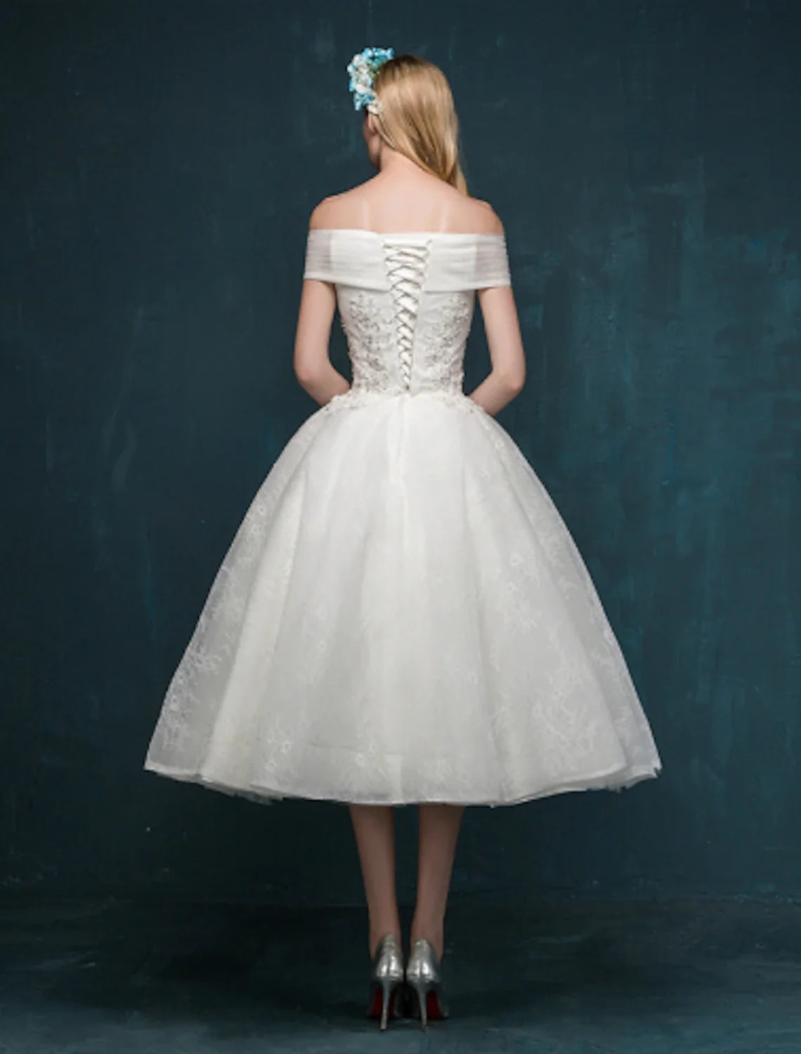 White A-Line Off-Shoulder Lace Cap Sleeve Tea-Length Wedding Gown - Chloe Dress