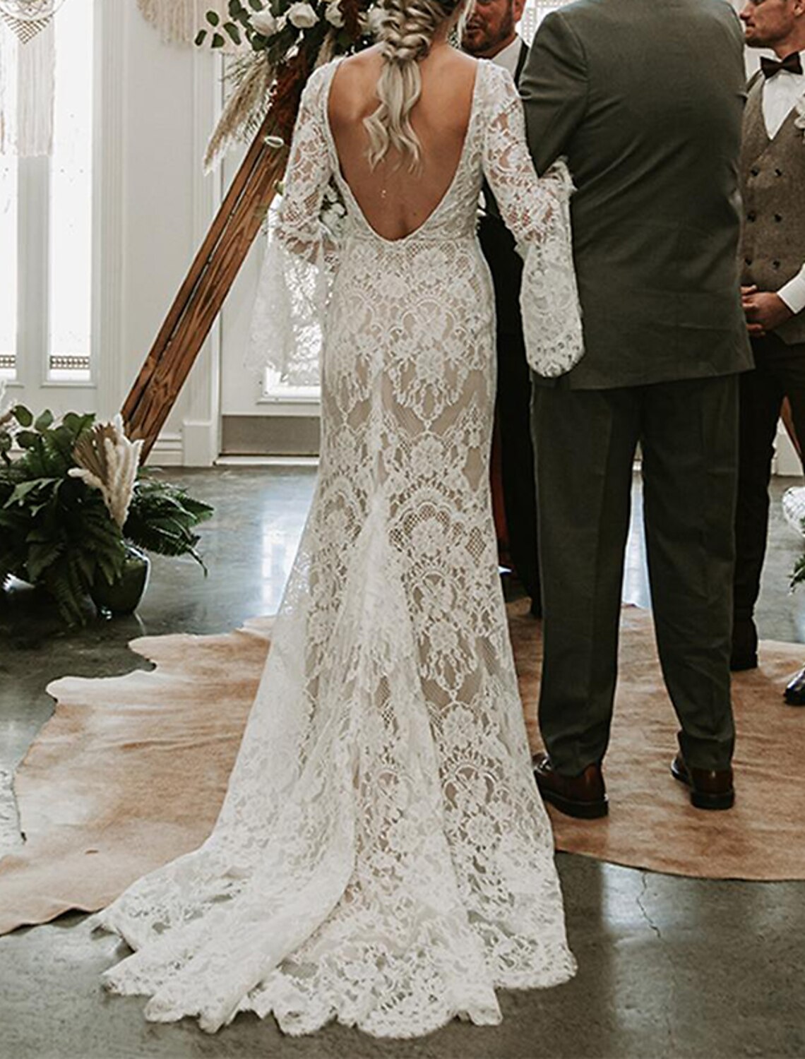 Mermaid V-Neck Lace Long Sleeve Open Back Train Wedding Gown - Chloe Dress