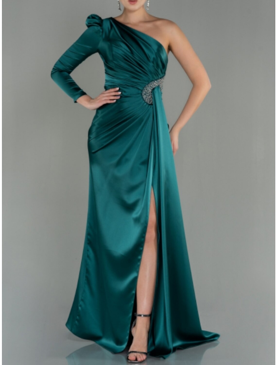 A-Line One-Shoulder Satin Long Sleeve High Slit Evening Gown - Chloe Dress