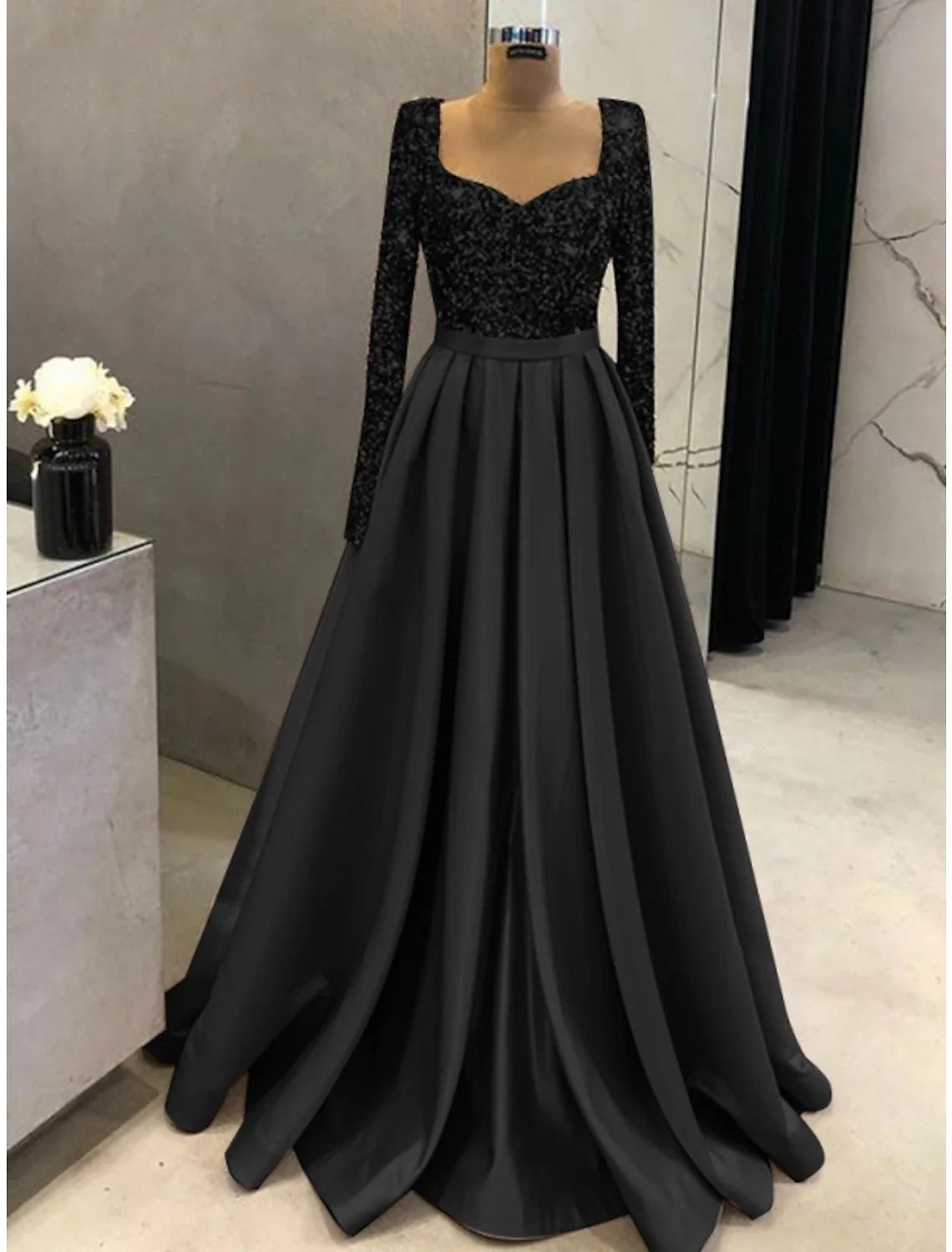 A-Line Square Neck Satin Long Sleeve Pleated Evening Gown - Chloe Dress